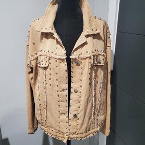 Apafes Women's New Tan Studded Distressed Denim Trucker Jacket  L